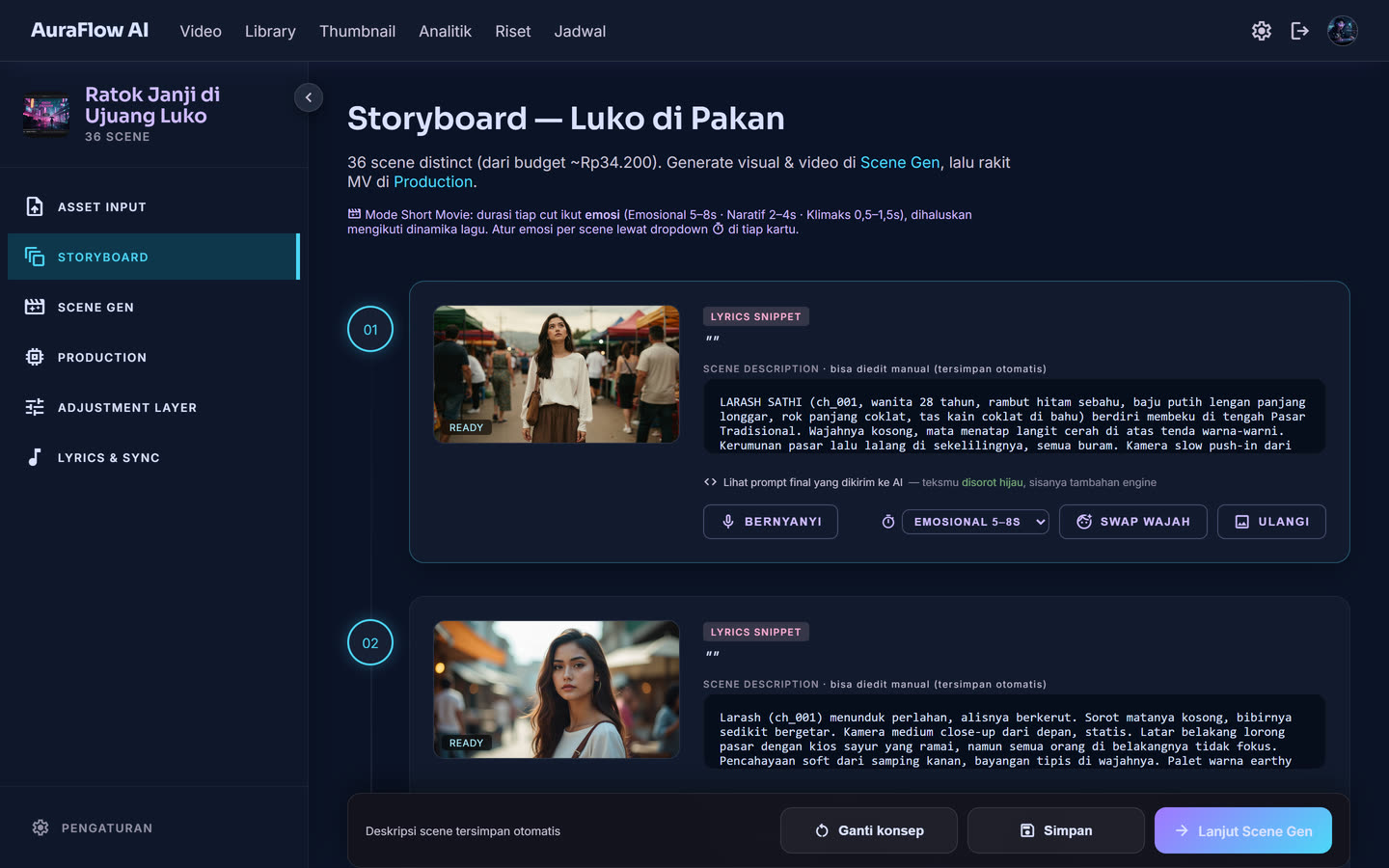 Tampilan storyboard AuraFlow AI dengan adegan hasil AI dan kontrol per-scene